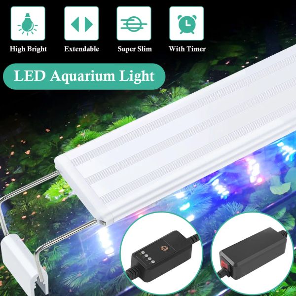 Iluminações FEDOUR Full Spectrum Aquarium LED Iluminação Aquatic Plant Light 3081cm Super Slim com suportes extensíveis para tanque de peixes