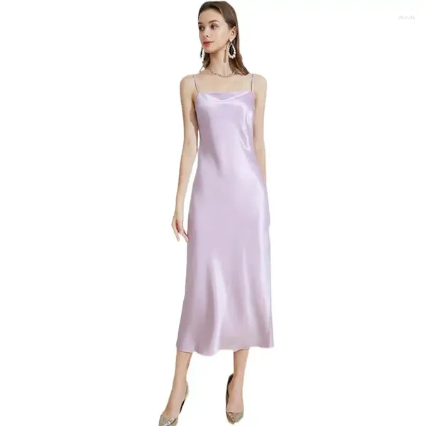 Vestidos casuais moda doce rosa lavanda vestido de seda artificial verão mulheres elegante acetato cetim espaguete cinta chiffon vestidos