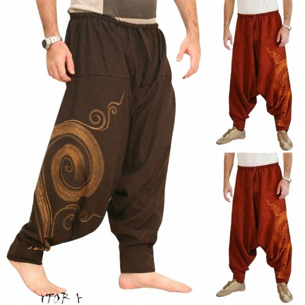 Harem Pants Hippi Aladdin Bol Hintli Erkekler Sıradan Pantolon Hip-Hop Erkek Çingene Pamuk Keten Geniş Bacaklı Pantolon Vintage N15A#