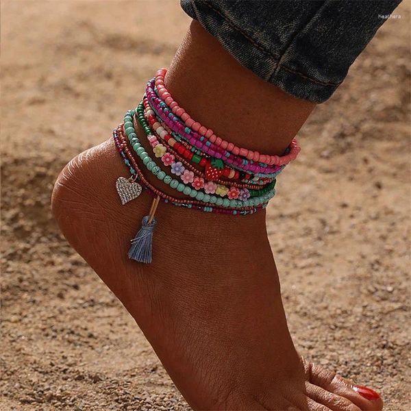 Tornozeleiras Bohemia Beaded Anklet Set Y2K Estilo Tornozelo Pulseira para Mulheres Verão Praia Mão Tecido