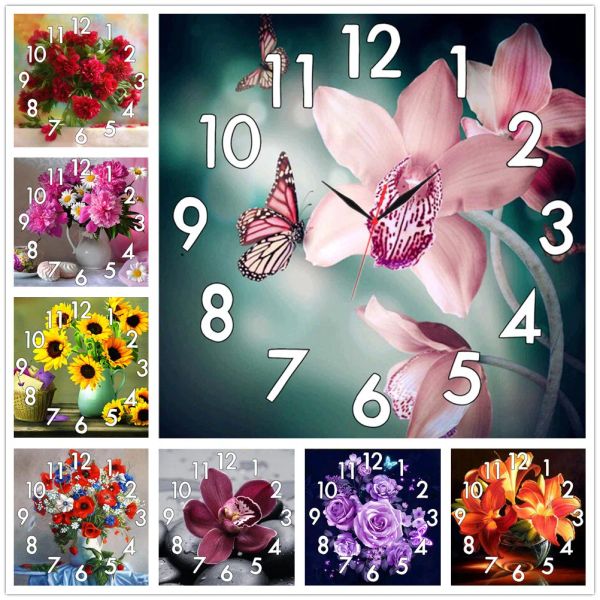 Stitch DPSPRUE Full Diamond Painting Cross Stitch com mecanismo de relógio Mosaico 5D DIY FLOR ROUNTO DE FLOR ROUNDA 3D Bordado HG22