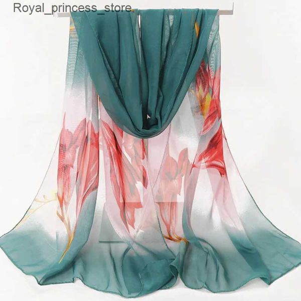 Lenços HanXi 150 * 50cm chiffon macio impresso lenço de seda floral verão saco de praia das mulheres Q240326