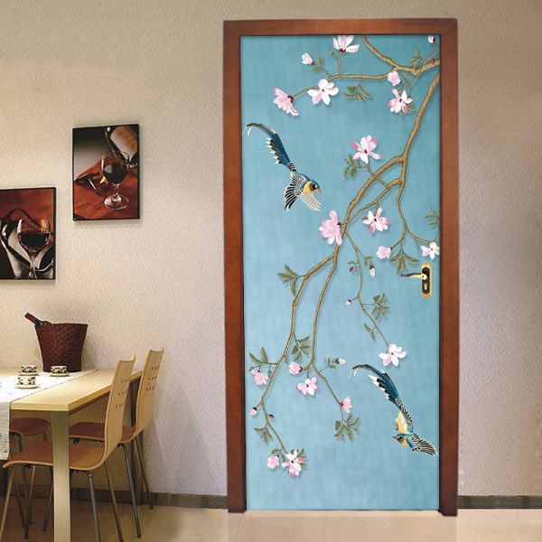 Adesivos estilo chinês flor pássaro mural à prova dwaterproof água autoadesivo porta adesivo papel de parede vinil para sala estar quarto porta decoração