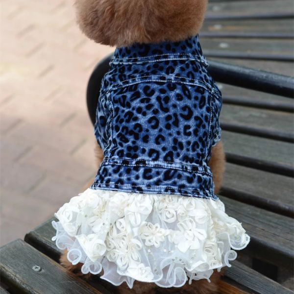 Kleider Hundekleidung Jeansrock mit Spitze Leopardenmuster Haustierkleid Frühling Herbst Hund Cowboy Mantel Kleidung für Hunde Katzenkleid Jeans