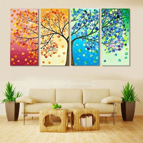 4 pannello L'albero quattro stagioni cambiano dipinto di tela art immagine della casa decorazione casa soggiorno in tela arte senza cornice 240318