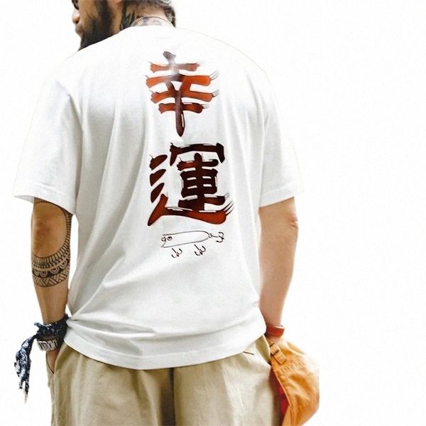 Maden Workwear japonês vintage carpa bandeira texto impressão manga curta mudança de cor quente sorte cott camiseta masculina verão l0g3 #