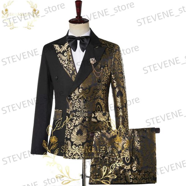 Erkekler Suits Blazers Szmanlizi Çift Kelime Kruvaze Siyah Altın Çiçek Jacquard İnce Fit Erişim Takımları Düğün Damat Smokin Parti Pantolon Terno Maskulino T240326