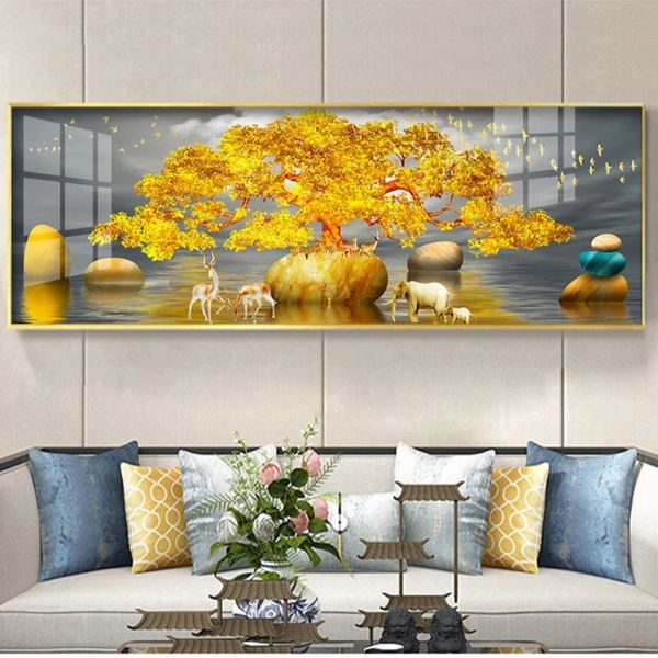 Stich moderner Elch -Glücksbaum Goldene Landschaft Diy Diamond Malerei Kreuzstich Kits Mosaik Strassbilder Diamant Stickerei