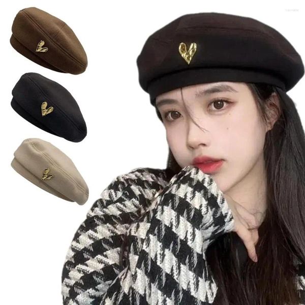 Berets outono inverno feminino estilo coreano boina de lã retro boné amor selvagem metal moda pintor beanie elegante chapéu sólido sbo