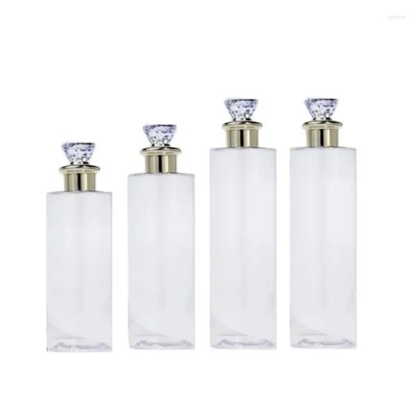 Garrafas de armazenamento de toner plástico vazio pet claro 100ml 120ml 200ml 300ml 400ml 500ml garrafa de loção de tampa de diamante de ouro de luxo para gel de banho