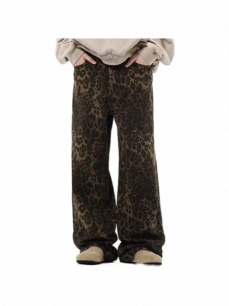 pantaloni larghi della gamba degli uomini di stampa leopardo streetwear vintage jeans dritti pantaloni casual chic harajuku Y2k Pantal Femme y6d3 #