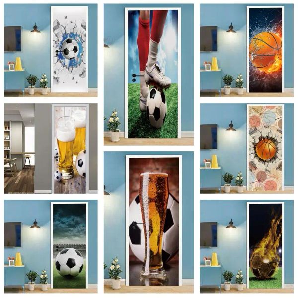 Adesivi Calcio Basket Carta da parati 3D Adesivo per porta Decorazione camera da letto Poster autoadesivo Adesivo murale rimovibile Deurstickers