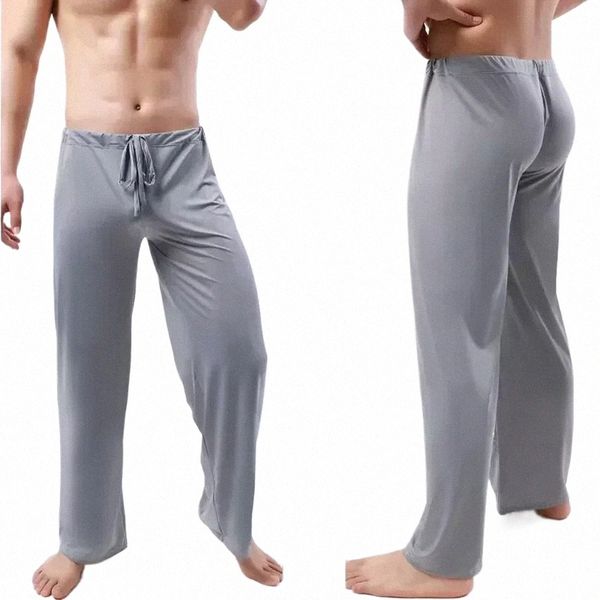 Schlaf Herren-Nachtwäsche Sehen Sie weich durch Hosen PJ-Hose Sheer Nachtwäsche Seide Pyjama-Böden Männlich Home Ice G8ZE #