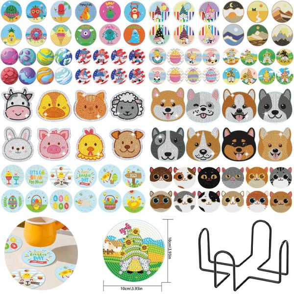 Ponto 615pcs Diam Diamond Coaster Coaster desenho animado Animal Animal Diamond Mosaic Cup Cushion Placemat com Rack Home Decor Gifts