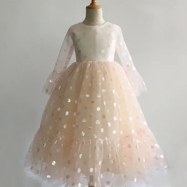 Vestidos para meninas, vestido de casamento infantil, malha de manga comprida, aniversário, princesa inchada, comprimento médio