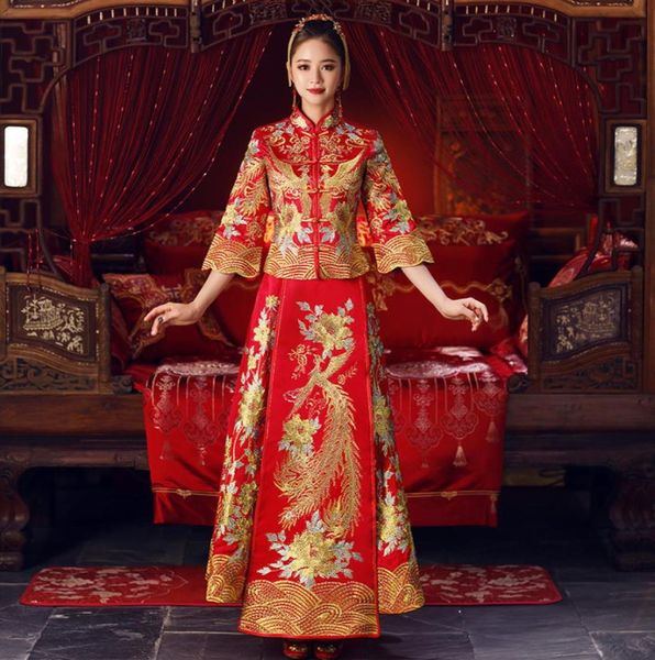 Abito da sposa ricamato Phoenix da donna Tradizioni della sposa Abito da sera tradizionale Cheongsam cinese Manica lunga Qipao Plus Size6564556