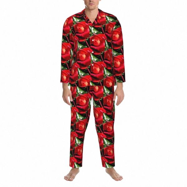 Indumenti da notte con rose rosse Autunno Frs Stampa Pigiama oversize estetico Set Maniche Lg maschili Indumenti da notte grafici quotidiani romantici 61TU #