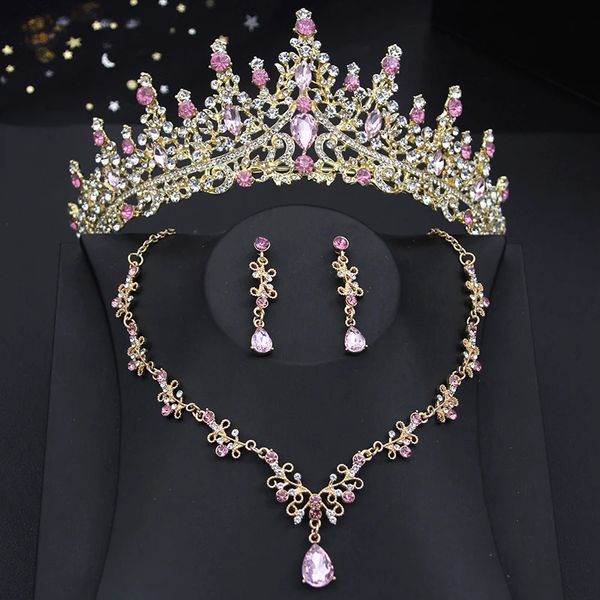 Принцесса розовые ювелирные украшения набор женщин для свадебной короны для свадебного платья ожерелье с серьгами наборы невесты, набор ювелирных изделий 240315