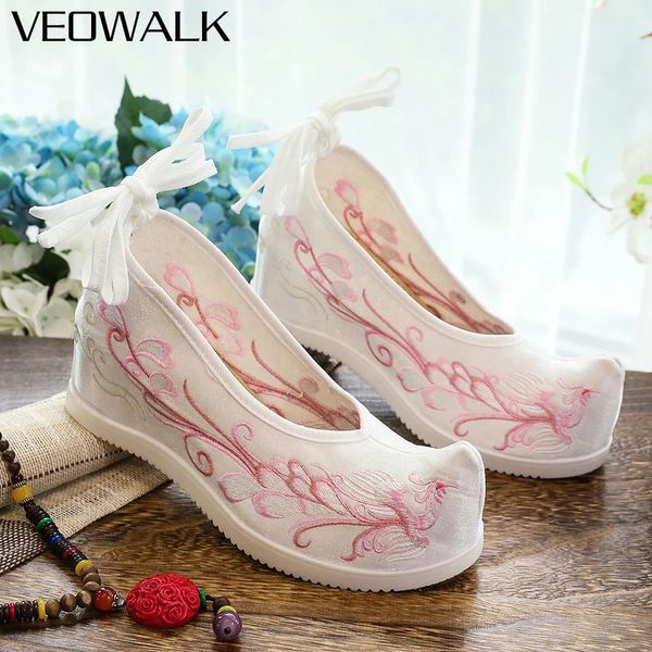 Veowalk Phoenix Stickerei Frauen strömen Baumwollstoff in der Plattform Schuhe Vintage Chinese Style Hanfu graurosa Weiß 240307