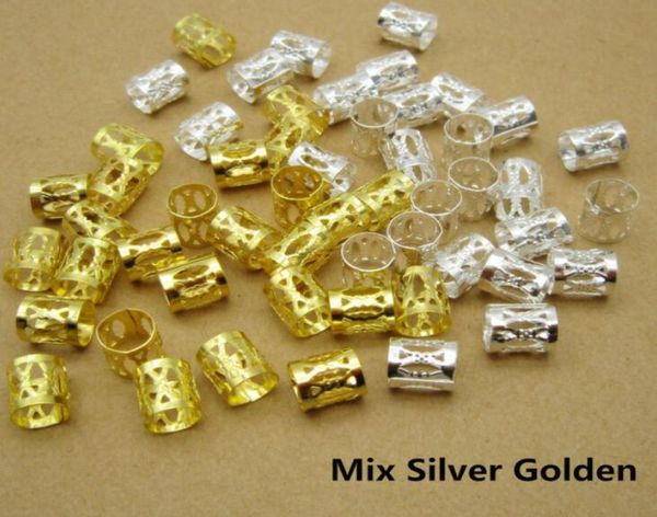 100 Pz / lotto GoldenSilverMix Argento Capelli dorati Dread Trecce Dreadlock Perline clip per polsino regolabile circa 75mm foro1653087