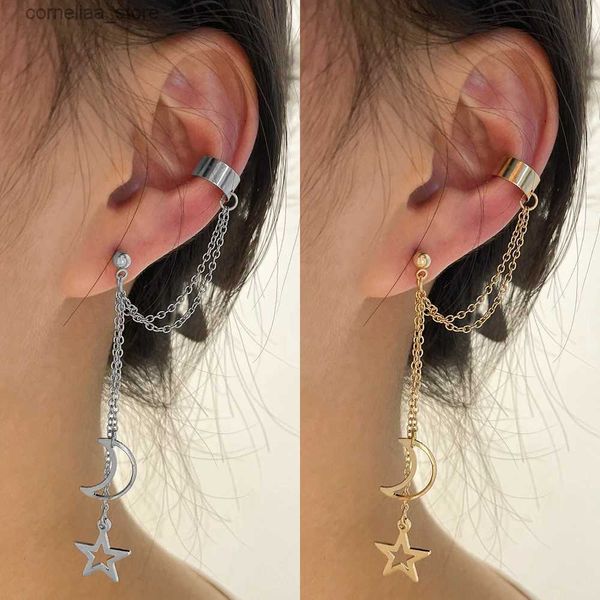 Ear Cuff Ear Cuff Orecchini pendenti in metallo con pendente vintage con clip per orecchini a catena lunga adatti per gioielli da donna con stella in oro argento e orecchini a luna Y240326