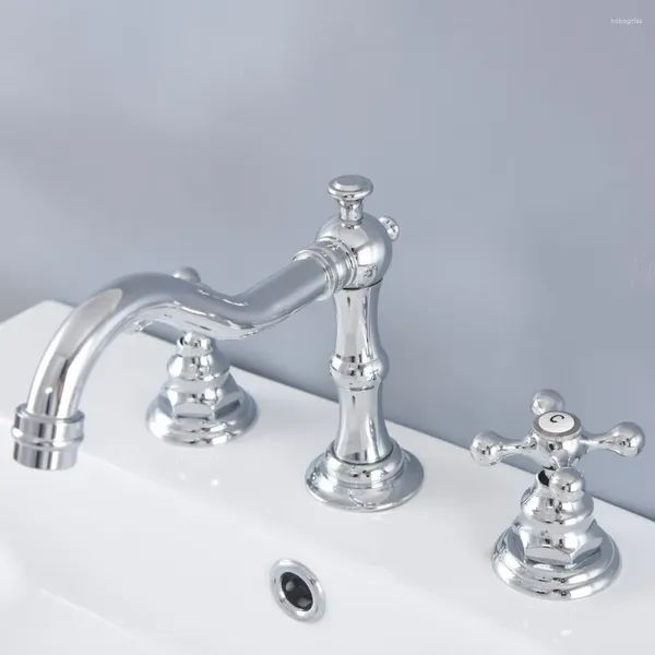 Rubinetti per lavandino del bagno Rubinetti per lavabo diffusi in ottone cromato lucido con doppia maniglia Miscelatore per lavabo a 3 fori da piano Anf973