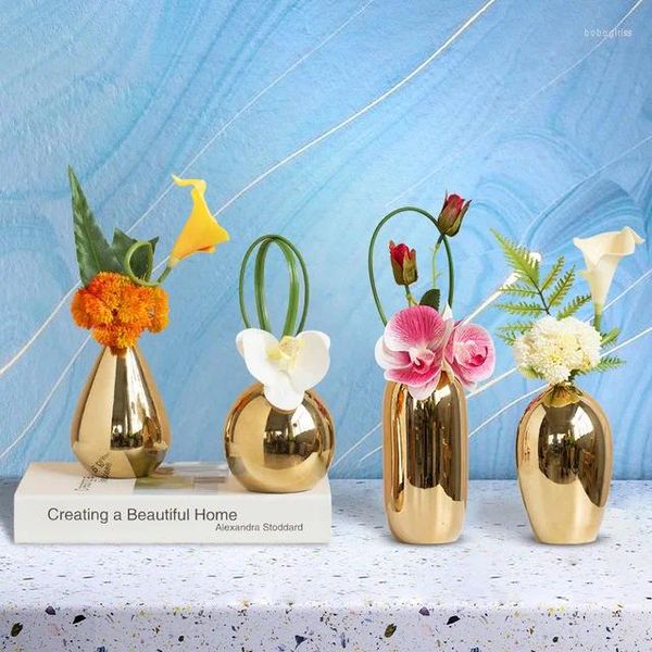 Vasos nórdico galvanoplastia vaso de cerâmica dourada conjunto de flor artificial casa mesa de jantar ornamento artesanato clube café bar decoração decoração