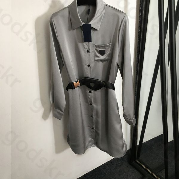 Vestido de lapela de seda gelo feminino elegante pochete camisa de manga comprida vestido casual saia de botão fino