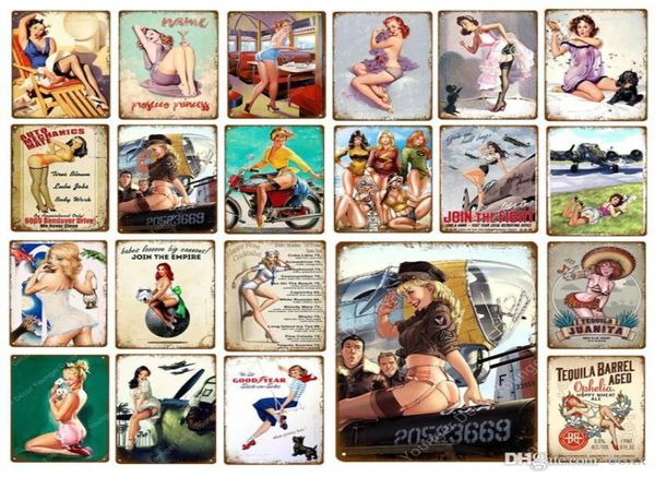 2021 Sexy Lady Auto Motorrad Flugzeug Mit Pin Up Girls Metall Zinn Zeichen Vintage Poster Kunst Malerei Handwerk Pub Bar hause Wand Decor2762467