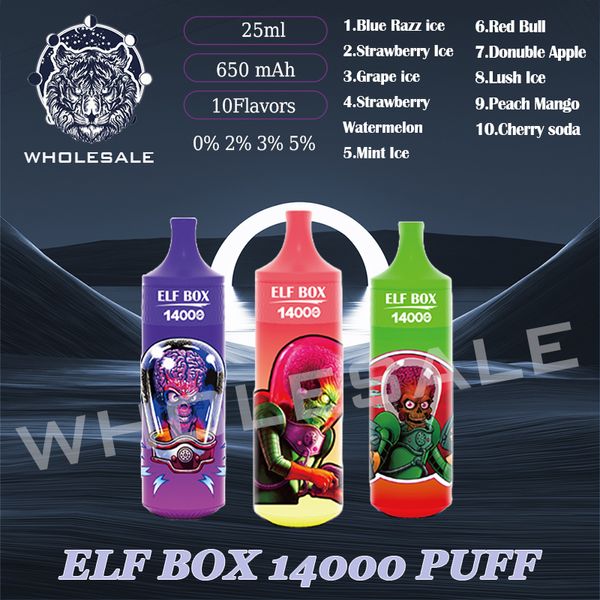 Аутентичная одноразовая ручка для вейпа ELF BOX14000 Puff 14k Электронная сигарета 650 мАч Перезаряжаемая сетчатая катушка 25 мл Предварительно заполненная капсула 0% 2% 3% 5% Уровень испарителя 10 вкусов