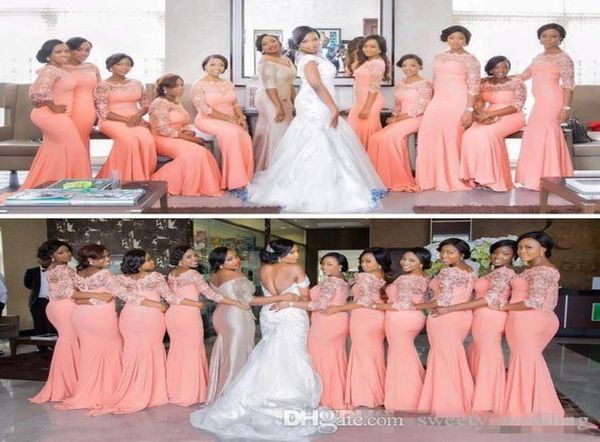 Нигерийские африканские платья подружки невесты больших размеров 2019 Коралловый топ с длинными рукавами и кружевным скользящим шлейфом Вечернее платье Gow2964076