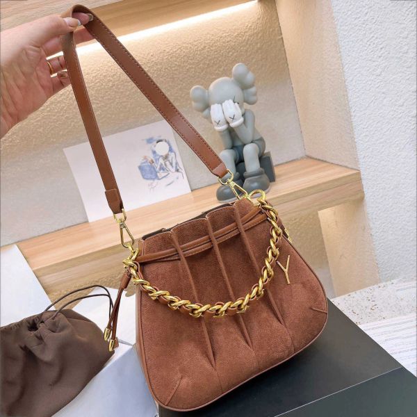 Saco de designer feminino camurça fivela saco de luxo corrente de ouro cavaleiro bolsas vintage senhoras bolsas clássico marrom cordão sacos de ombro-14