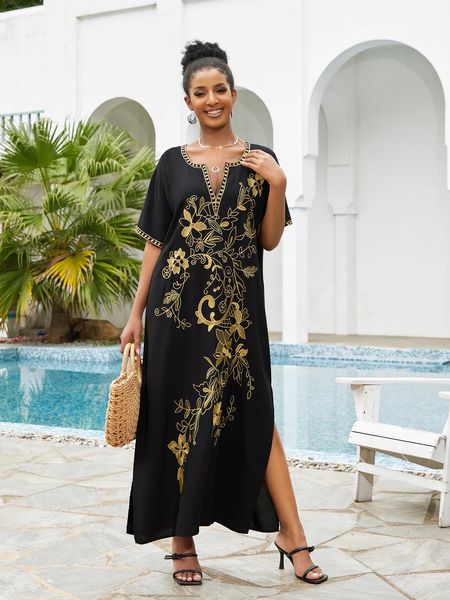Schwarz Plus Size Kaftan Kleid V-Ausschnitt Schlitz Stickerei Beachwear Coverups Kurzarm Casual Resort Wear Afrikanische Robe Q1544 240320