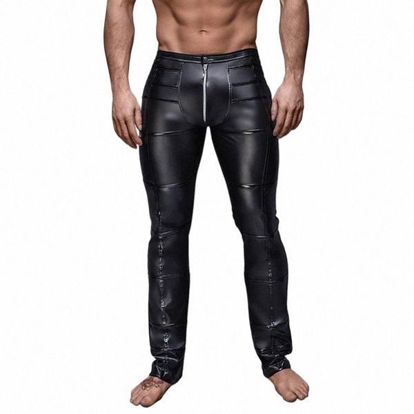 Hosen Herren Hosen Party Außerhalb Zuhause Outdoor Enge Clubwear LG Beutel Wet Look Zip Schwarz Leggings PU Leder c5DZ #