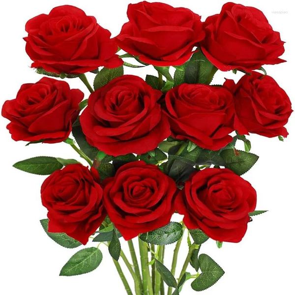 Fiori decorativi 5 pezzi bouquet di rose artificiali velluto rosso fiore di rosa finto per la decorazione della tavola di casa di nozze regalo di San Valentino