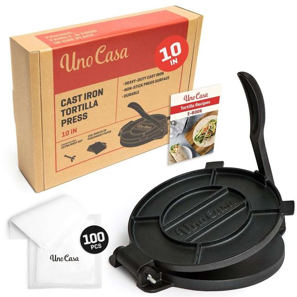 Uno Casa Pressa per Torte in Ghisa da 10 Pollici (Circa 25,4 Cm) per Torte, Roti e Pataconera per Fare Hine 100 Fogli di Carta Pergamena - Adatta per Farina,