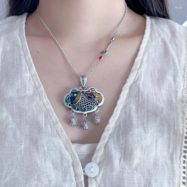 Ketten im klassischen 925er Silber Karpfen Fisch Lotus Quaste Halskette für Frauen Ethno-Stil blau doppelseitiger Anhänger Schmuck Geschenk