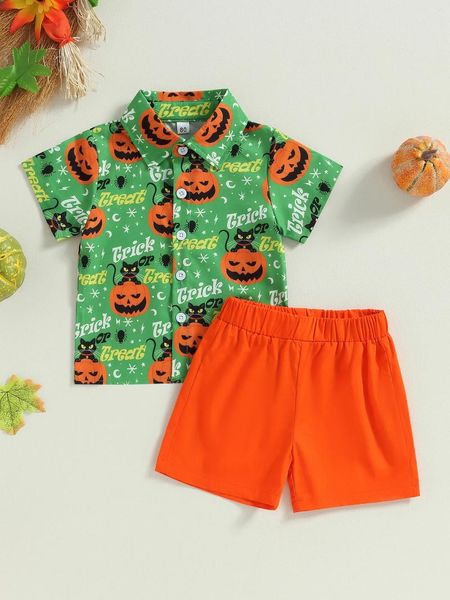 Set di abbigliamento Bambino Neonato Ragazzi Abiti di Halloween Gentiluomo Zucca Bottoni Bavero T-shirt Top Pantaloncini Pantaloni 2 pezzi Set di vestiti (A-Verde 3-4