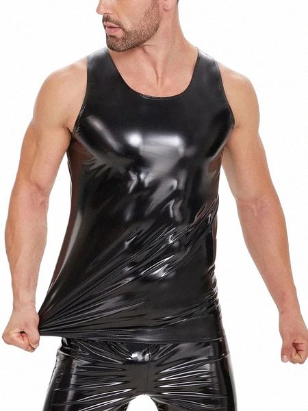 S-5XL Brilhante Faux PU Leather Tank Top Men Wet Look PVC Bodybuilding Tanktop Sleevel Muscle Shirt Collants Hot Shapers Shapewear h5Vh #