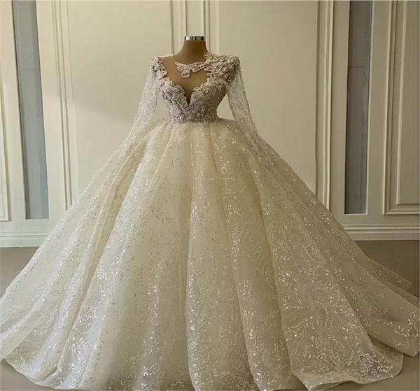 Abito da ballo glitter abiti da sposa a maniche lunghe a maniche trasparenti con paillettes appliqued perle da sposa abiti da sposa di lusso di lussuoso vestidos personalizzato d1251715