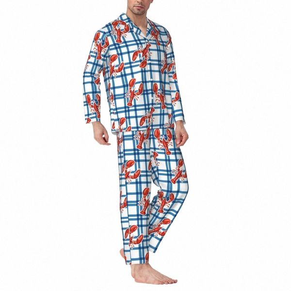 Пижамы Man Love Of Lobsters Повседневная одежда для сна Синий клетчатый комплект из 2 предметов Винтажные пижамные комплекты Lg с рукавами Kawaii Крупногабаритный домашний костюм y2kQ #