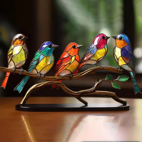 Miniaturas colorido pássaro no ramo ornamentos de mesa pássaros família painel metal arte artesanato casa janela decoração presentes para o amante pássaro