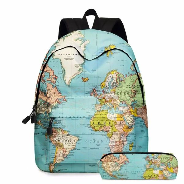 Rucksack 2 Stück Weltkartendruck Rucksack Mädchen Büchertasche Laptoptasche Reise Tagesrucksack Studentenrucksack mit Federmäppchen