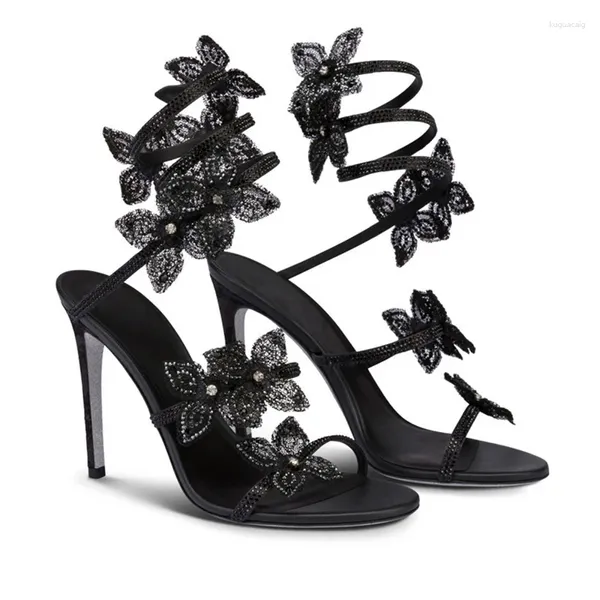Sapatos de vestido flor strass stiletto sandálias mulher verão 2024 dedo do pé aberto casamento nupcial tornozelo cobra envoltório moda bombas de luxo
