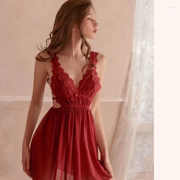 Damen-Nachtwäsche, Übergröße, sexy Nachtkleid, Damen-Dessous, V-Ausschnitt, Spitze, Nachtwäsche, Nachthemd für Damen, Frau, rückenfrei, Weiß, Schwarz, Rosa, Rot