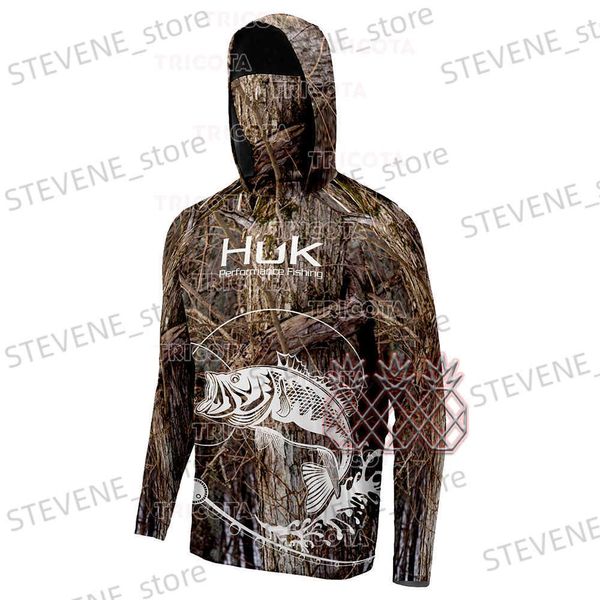 Felpe con cappuccio da uomo Felpe HUK Abbigliamento da pesca Camouflage T-shirt a maniche lunghe Maschera per il viso Uomo Camicie da pesca Protezione UV Abbigliamento da pesca con cappuccio traspirante T240326