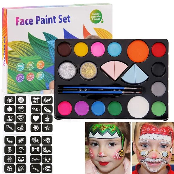 Face Painting Kit Körperfarbe mit 14 Farben 2 Glitzer Pinsel 4 Schwämme 9 Schablonen für Halloween Cosplay Party Make -up 240321