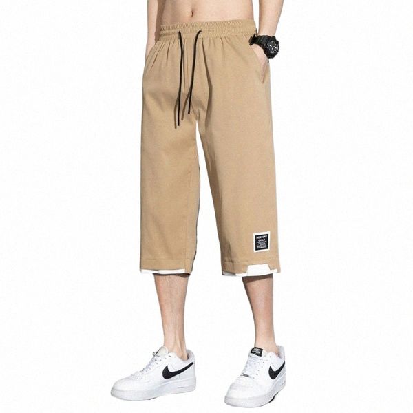 Verão homem versátil casual shorts kore streetwear fi cintura elástica baggy cáqui preto verde tamanho grande novas calças capri 8xl a5mu #