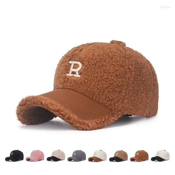 Cappellini con sfera Marca R Lettera Imitazione Agnello Pile Miscelato Adatto per il viso Berretto da baseball in lana d'agnello grande Cappelli da camionista in peluche caldi