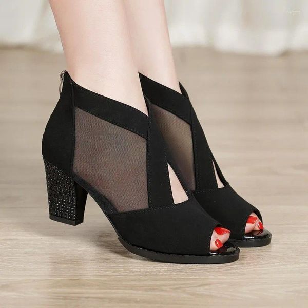 Sapatos de vestido saltos mulheres 2024 laço preto ver através de sandálias femininas confortáveis ​​salto grosso boca de peixe verão senhora commuting sapato